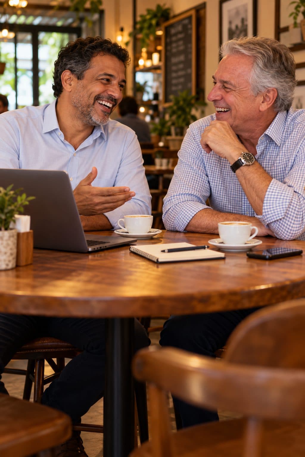 Consultor e cliente conversam e riem juntos em uma mesa de café, com notebook e xícaras