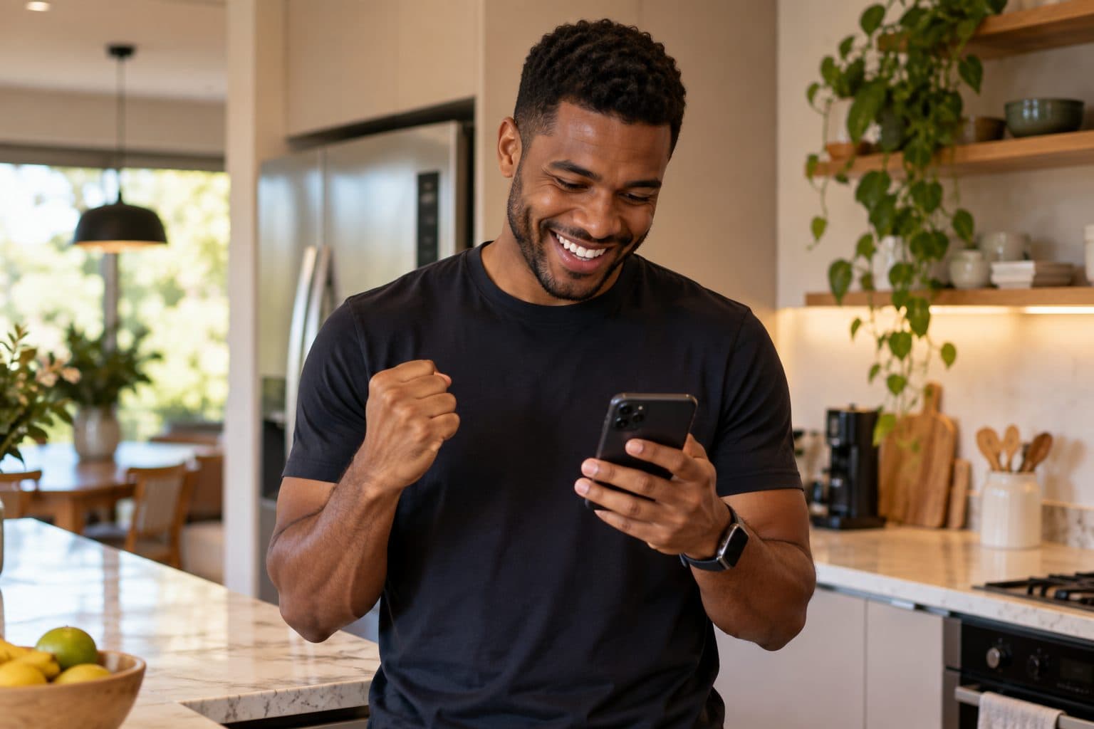 Homem comemora sorrindo ao ler uma mensagem no celular, na cozinha de casa